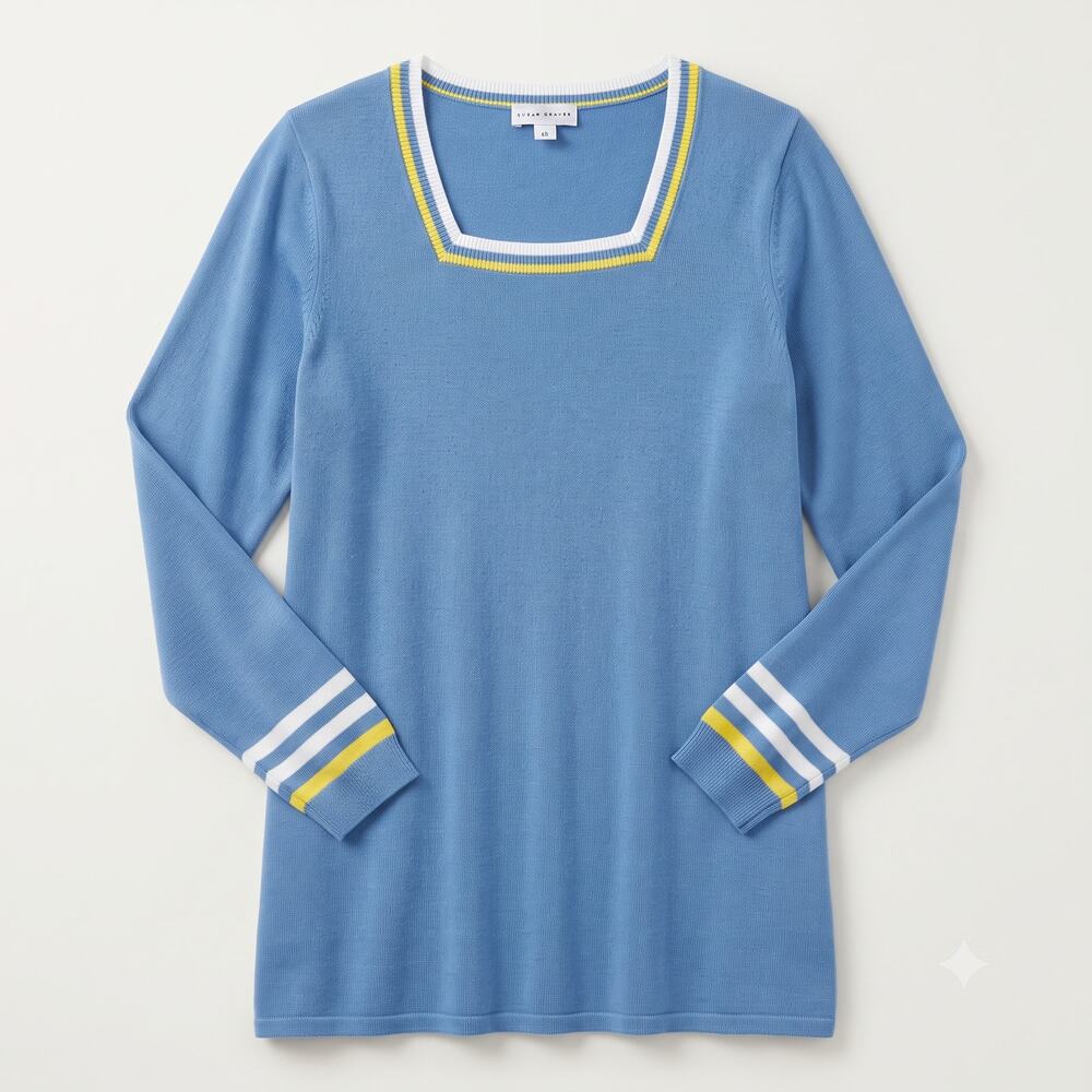 Susan Graver Womens L Coastal Nautical Preppy Square-Neck Tipped Sweater Top